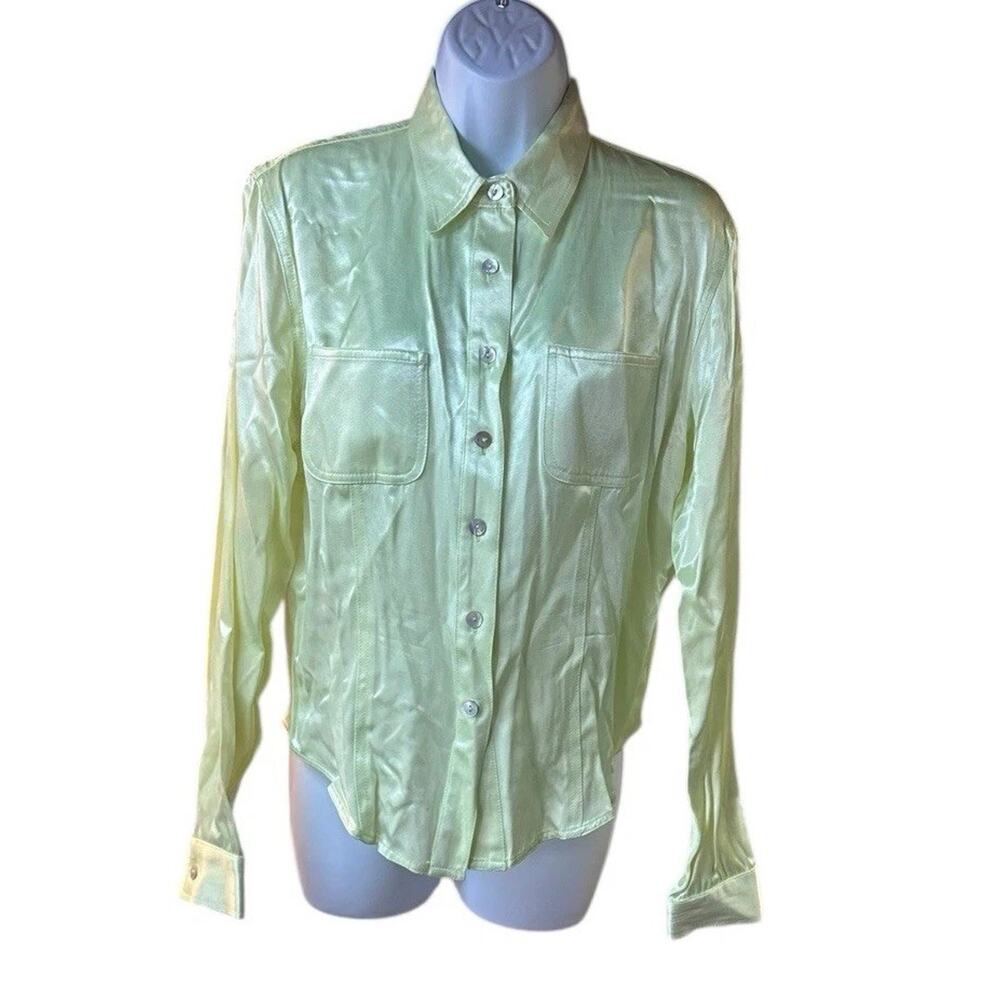 Vintage Cache Lime Green Satin Button Down Blouse Shiny Long Sleeve Y2K L